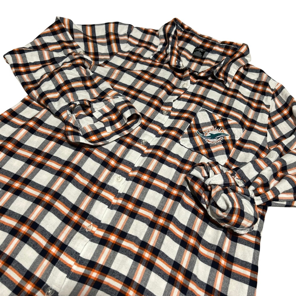 NFL Team Apparel Sleep Shirt Womens L White Orange Plaid Miami Dolphins Logo